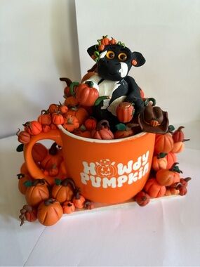 Howdy Pumpkin Orange Fall Cup Decor with Black Cow Figurine